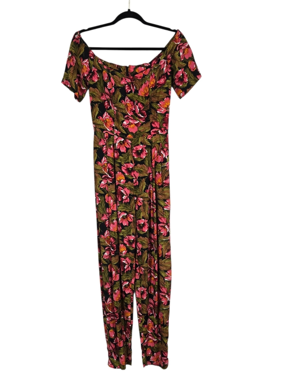 Et Al Vintage Floral Off-Shoulder Floral Jumpsuit Bardot neckline Pink Green 4
